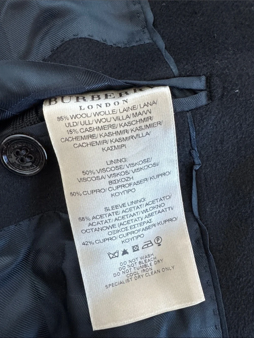 Burberry Men’s Black Wool Cashmere Overcoat (EU50/US40)
